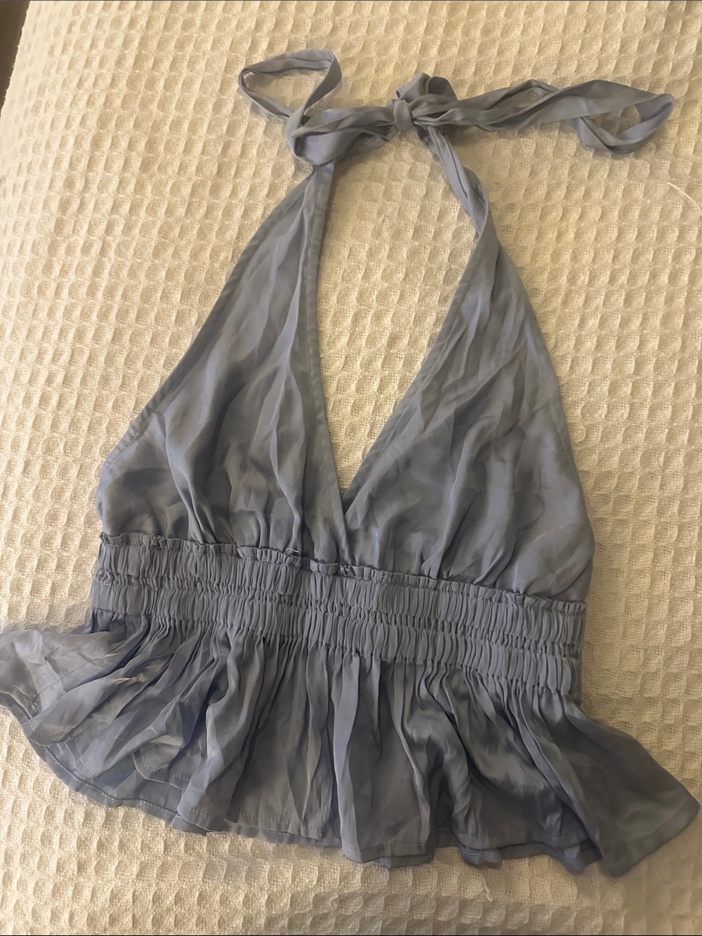 Pookie & Sebastian Sky Blue Halter Top with Peplum Detail